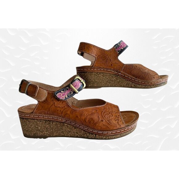 L' Artiste by Spring Step Teddy Leather Wedge Sandals Sz 37 - Picture 6 of 11